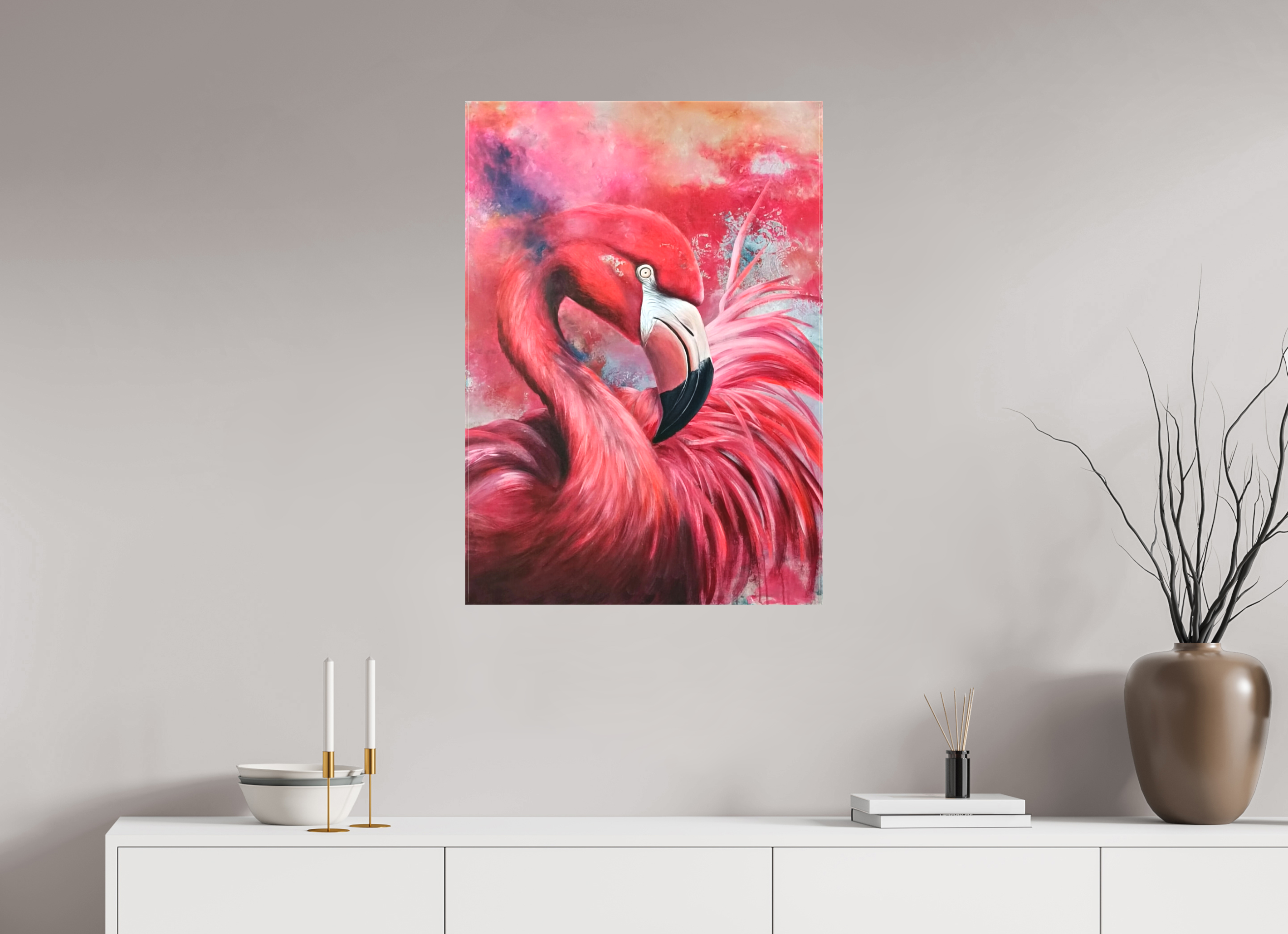 60 x 85 cm, Leinwand-Print-matt Flamingo – Exotische Eleganz in moderner Pracht - PRINT