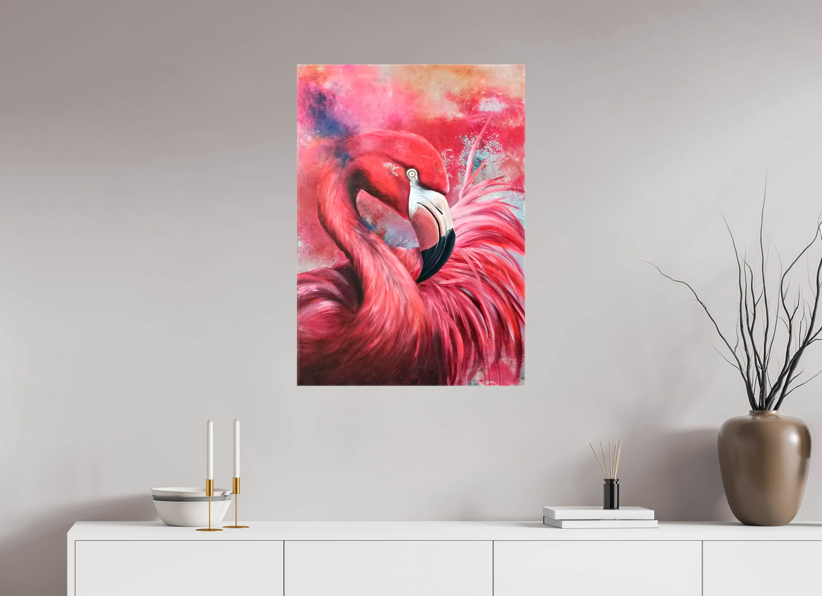 60 x 85 cm, Leinwand-Print-glänzend Flamingo – Exotische Eleganz in moderner Pracht - PRINT